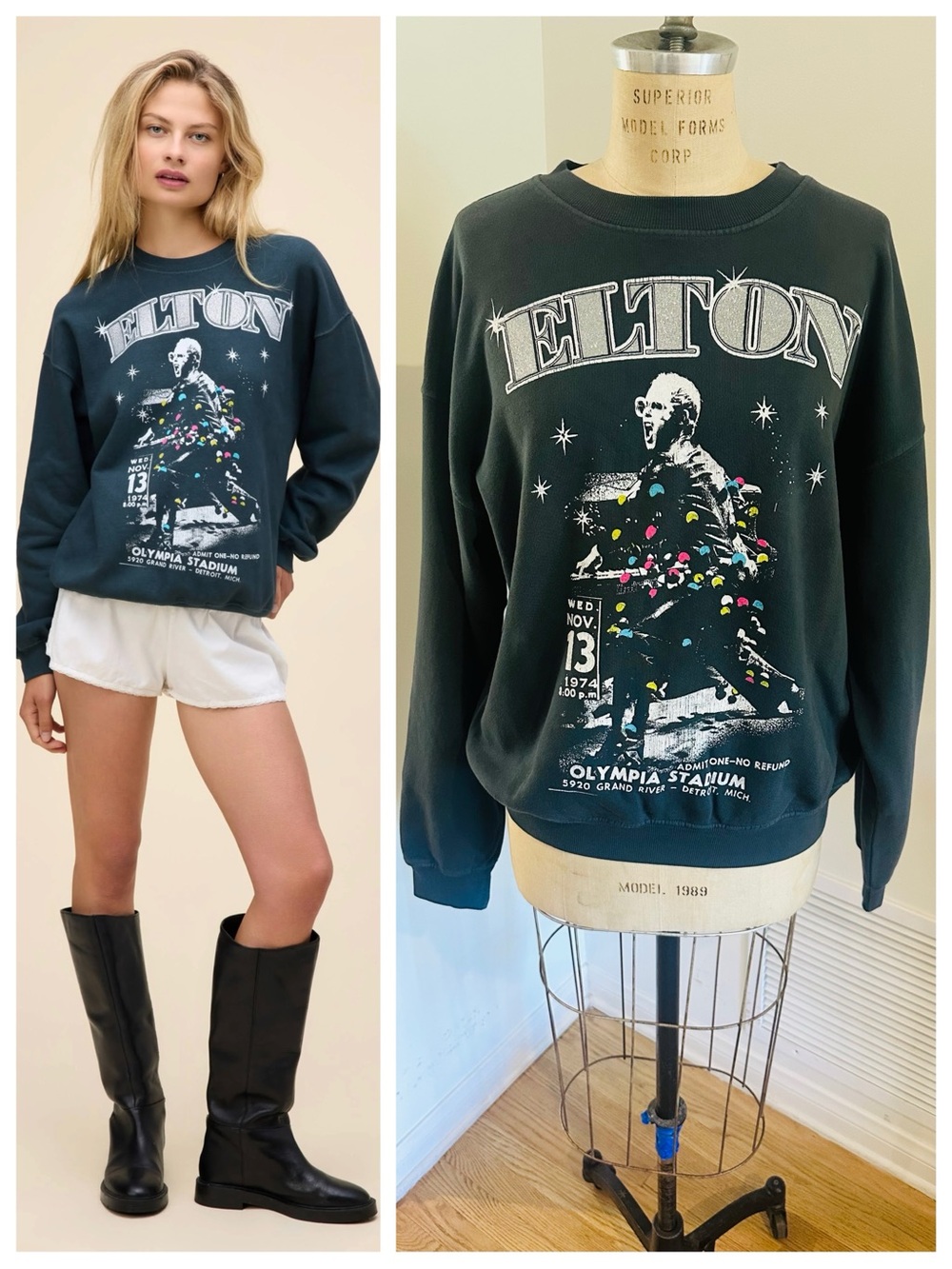 DAYDREAMER Elton John Olympia Stadium BF Sweatshirt in Vintage Black, S, NWT